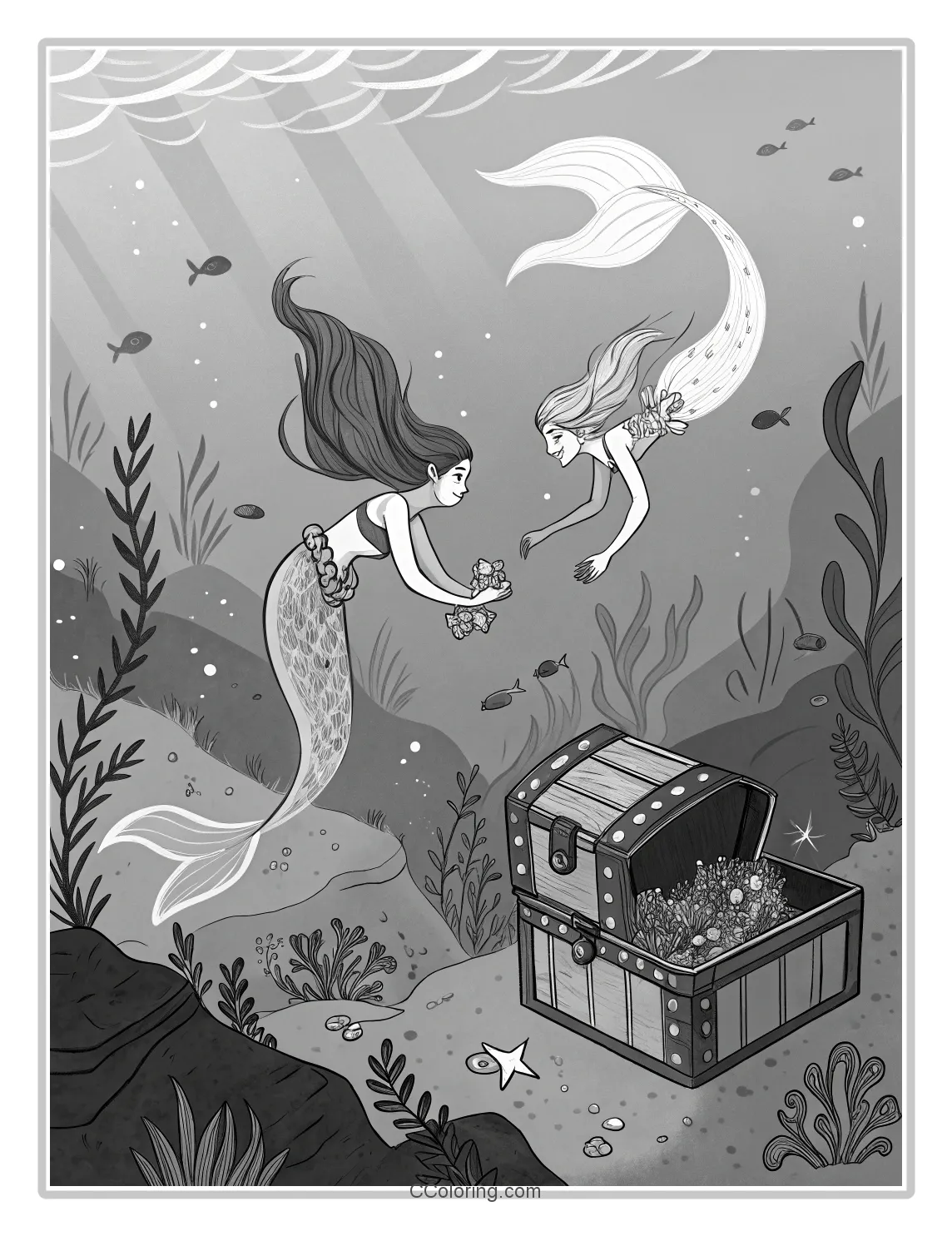 Monochrome Mermaid Scenes with Basic Treasure Boxes